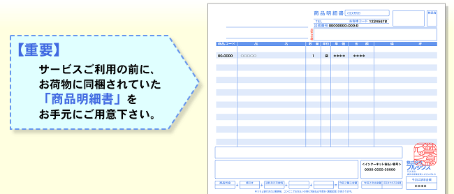 サービスご利用の前に、お荷物に同梱されていた「商品明細書」をお手元にご用意ください。