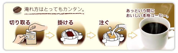 とってもカンタン　１．切り取る　２．掛ける　３．注ぐ　あっという間においしい本格コーヒー。