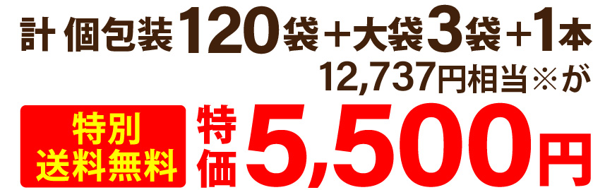 計 個包装120袋＋大袋3袋＋1本 12,737円相当※が特別送料無料特価5,500円