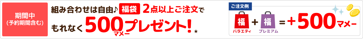 期間中(予約期間含む) 組み合わせは自由♪福袋2点以上ご注文でもれなく500マメープレゼント!★【ご注文例】バラエティ福袋＋プレミアム福袋＝+500マメー