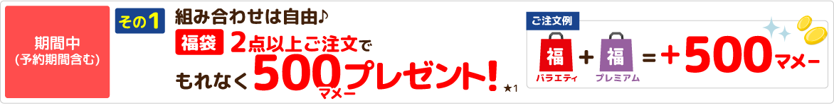 期間中(予約期間含む) その1 組み合わせは自由♪福袋2点以上ご注文でもれなく500マメープレゼント!★1 【ご注文例】バラエティ福袋＋プレミアム福袋＝+500マメー