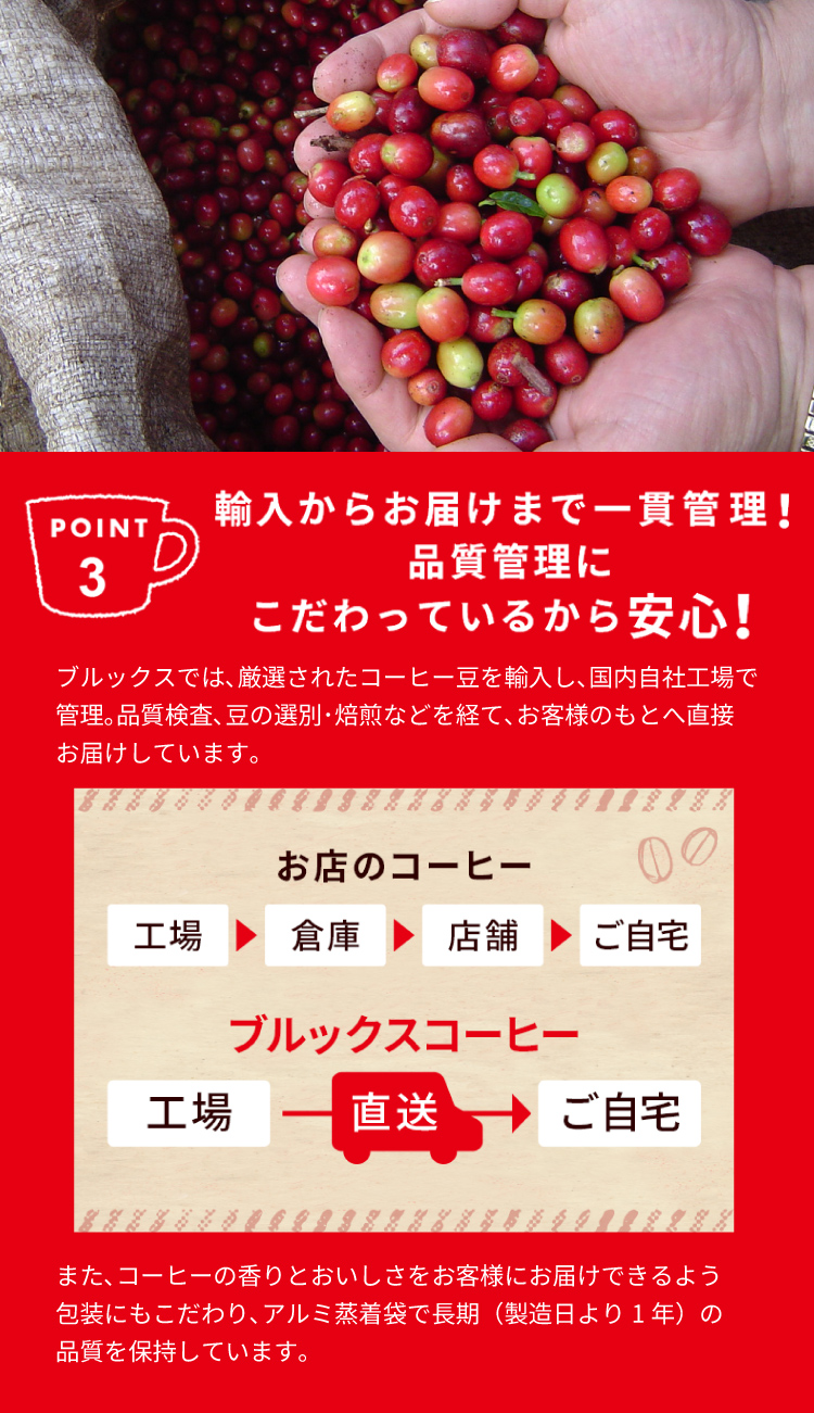 POINT3 輸入からお届けまで一貫管理!品質管理にこだわっているから安心!ブルックスでは､厳選されたコーヒー豆を輸入し､国内自社工場で管理｡品質検査､豆の選別･焙煎などを経て､お客様のもとへ直接お届けしています｡お店のコーヒー:工場⇒倉庫⇒店舗⇒ご自宅　ブルックスコーヒー:工場⇒直送⇒ご自宅 また､コーヒーの香りとおいしさをお客様にお届けできるよう包装にもこだわり､アルミ蒸着袋で長期(製造日より1年)の品質を保持しています｡
