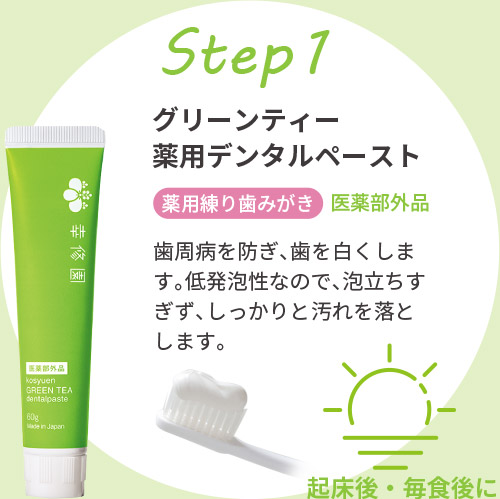 Step1 グリーンティー薬用デンタルペースト 薬用練り歯みがき 医薬部外品 歯周病を防ぎ、歯を白くします。低発泡性なので、泡立ちすぎず、しっかりと汚れを落とします。