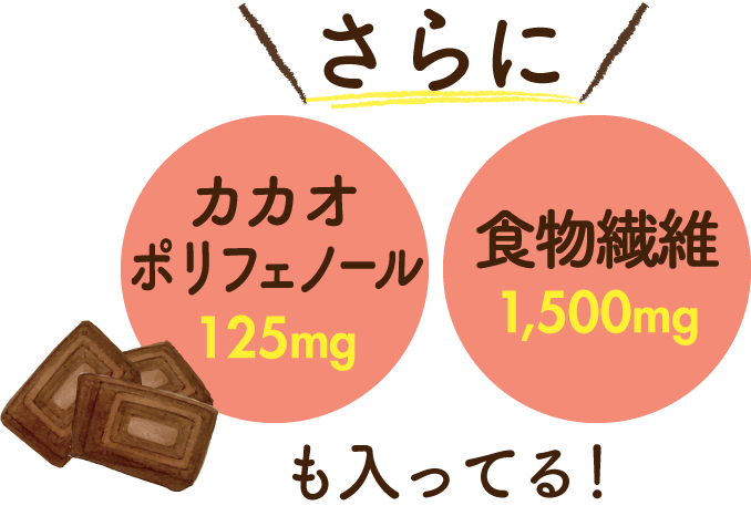 さらに!カカオポリフェノール125mg、食物繊維1,500mgも入ってる!