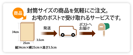 封筒サイズの商品を気軽にご注文。
お宅のポストで受け取れるサービスです。
