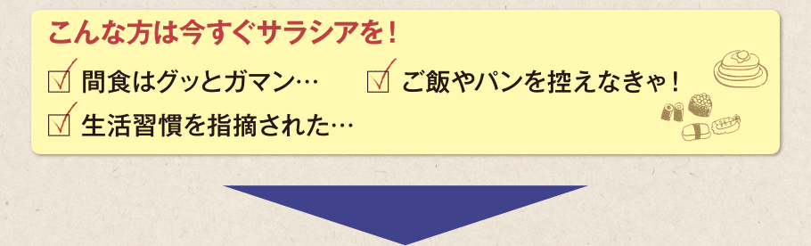 こんな方は今すぐサラシアを！・間食はグッとガマン…・ご飯やパンを控えなきゃ！・生活習慣病を指摘された…