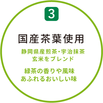 3 国産茶葉使用 静岡県産煎茶・宇治抹茶・玄米をブレンド 緑茶の香りや風味あふれるおいしい味