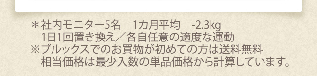 社内モニター5名　1カ月平均　-2.3kg 1日1回置き換え／各自任意の適度な運動 ※ブルックスでのお買物が初めての方は送料無料