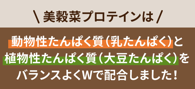 ＼美穀菜プロテインは／動物性たんぱく質（乳たんぱく）と 植物性たんぱく質（大豆たんぱく）を バランスよくWで配合しました！