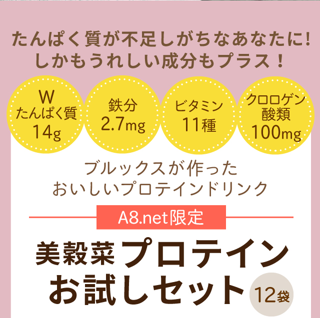 たんぱく質が不足しがちなあなたに! しかもうれしい成分もプラス！　【A8.net限定】美穀菜プロテイン お試しセット   12袋