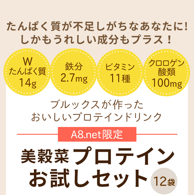 たんぱく質が不足しがちなあなたに! しかもうれしい成分もプラス！　【A8.net限定】美穀菜プロテイン お試しセット 12袋