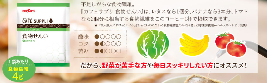 不足しがちな食物繊維。 『カフェサプリ 食物せんい』は、レタスなら1個分、バナナなら3本分、トマトなら2個分に相当する食物繊維をこのコーヒー1杯で摂取できます。