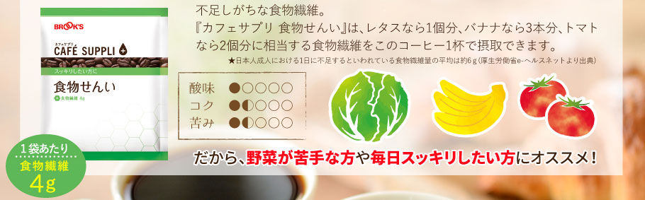 不足しがちな食物繊維。 『カフェサプリ 食物せんい』は、レタスなら1個分、バナナなら3本分、トマトなら2個分に相当する食物繊維をこのコーヒー1杯で摂取できます。