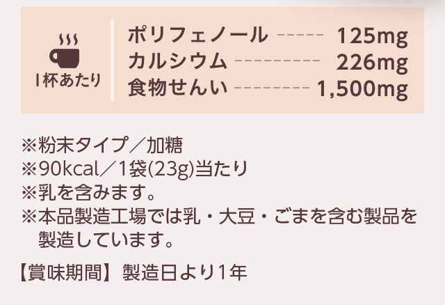 ポリフェノール105㎎、カルシウム228㎎、食物せんい1260㎎　【賞味期間】製造日より一年