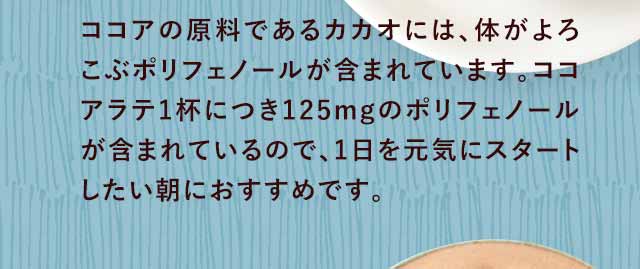 ココアラテ1杯につき125mgのポリフェノールが含まれています
